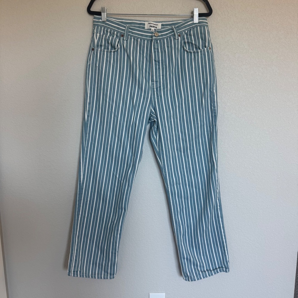 Reformation Striped High Rise Straight Jeans Blue White Size 31 Organic Funky